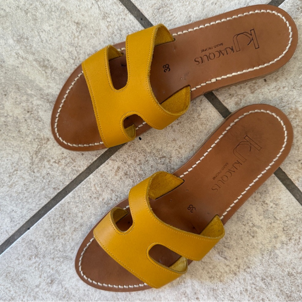 K.Jacques Mustard Leather Slide Sandals